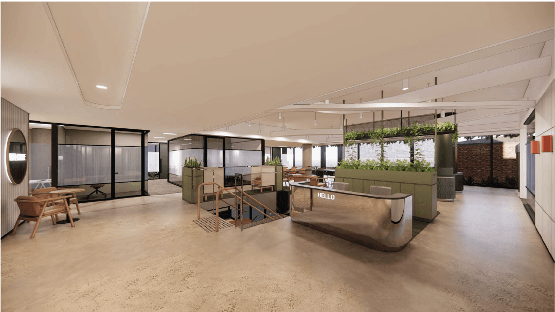 A modern office lobby with a polished concrete floor and a reception desk labeled HELLO. The area includes green indoor plants, glass-walled meeting rooms, and wooden chairs. A staircase leads to an upper level, and a circular mirror is on the wall.