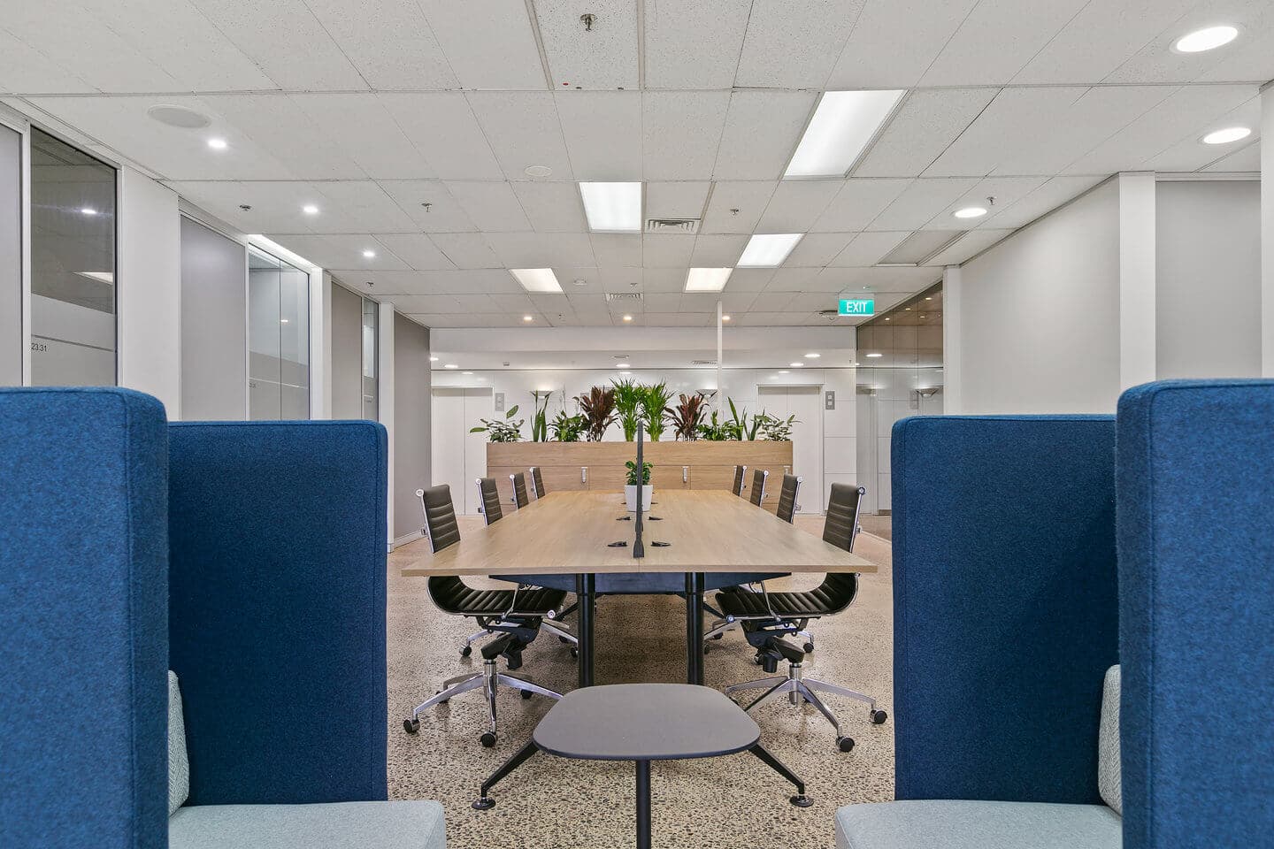 Modern office space with a long wooden table and black chairs in the center, blue partitioned seating on either side, and potted plants at the far end. The ceiling has recessed lighting and is accented by a light grey color scheme.