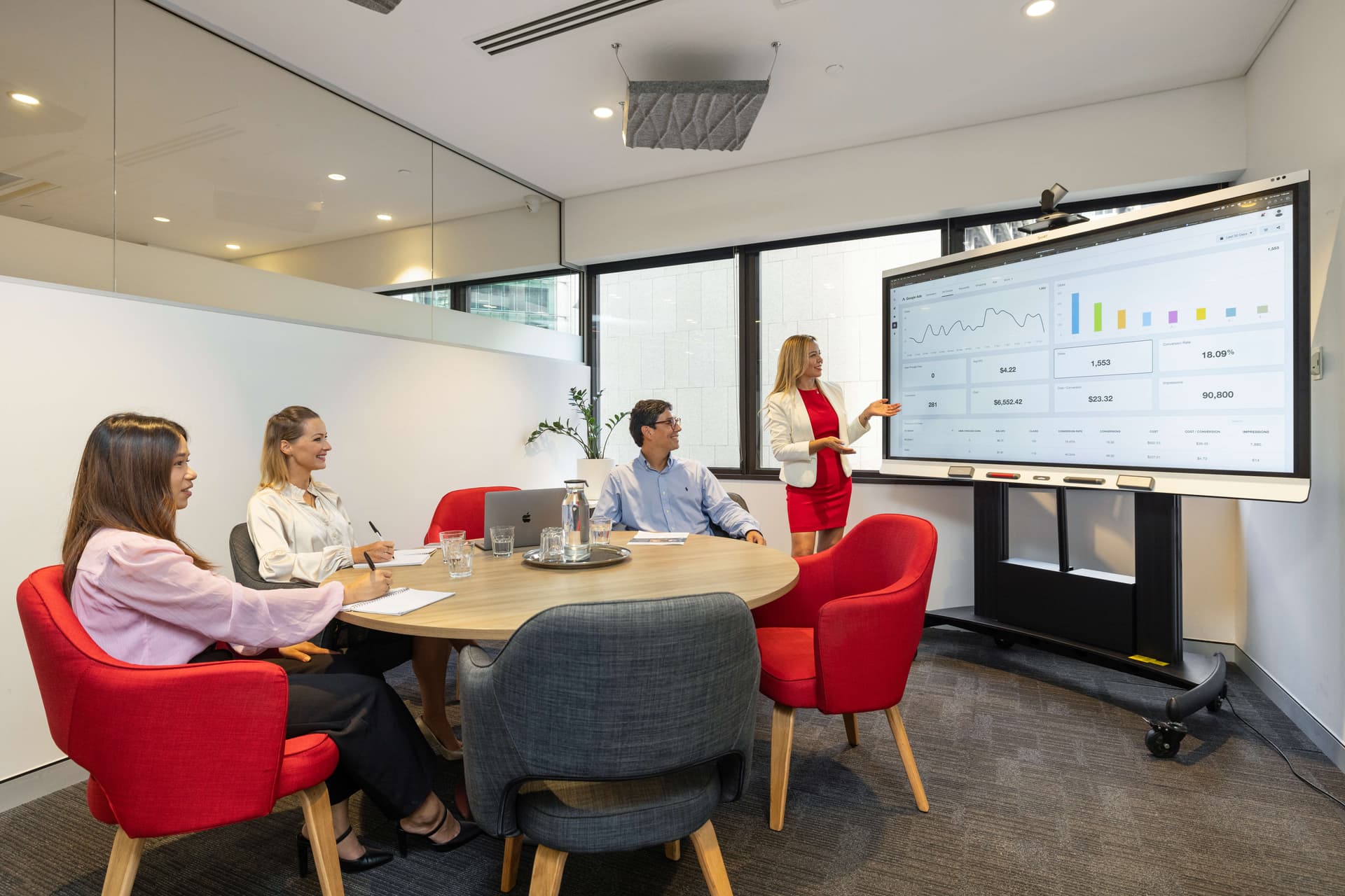Four people in a modern office meeting room. A woman stands by a large screen displaying graphs and data, presenting to three seated colleagues around a round table with laptops, notebooks, and water glasses.
