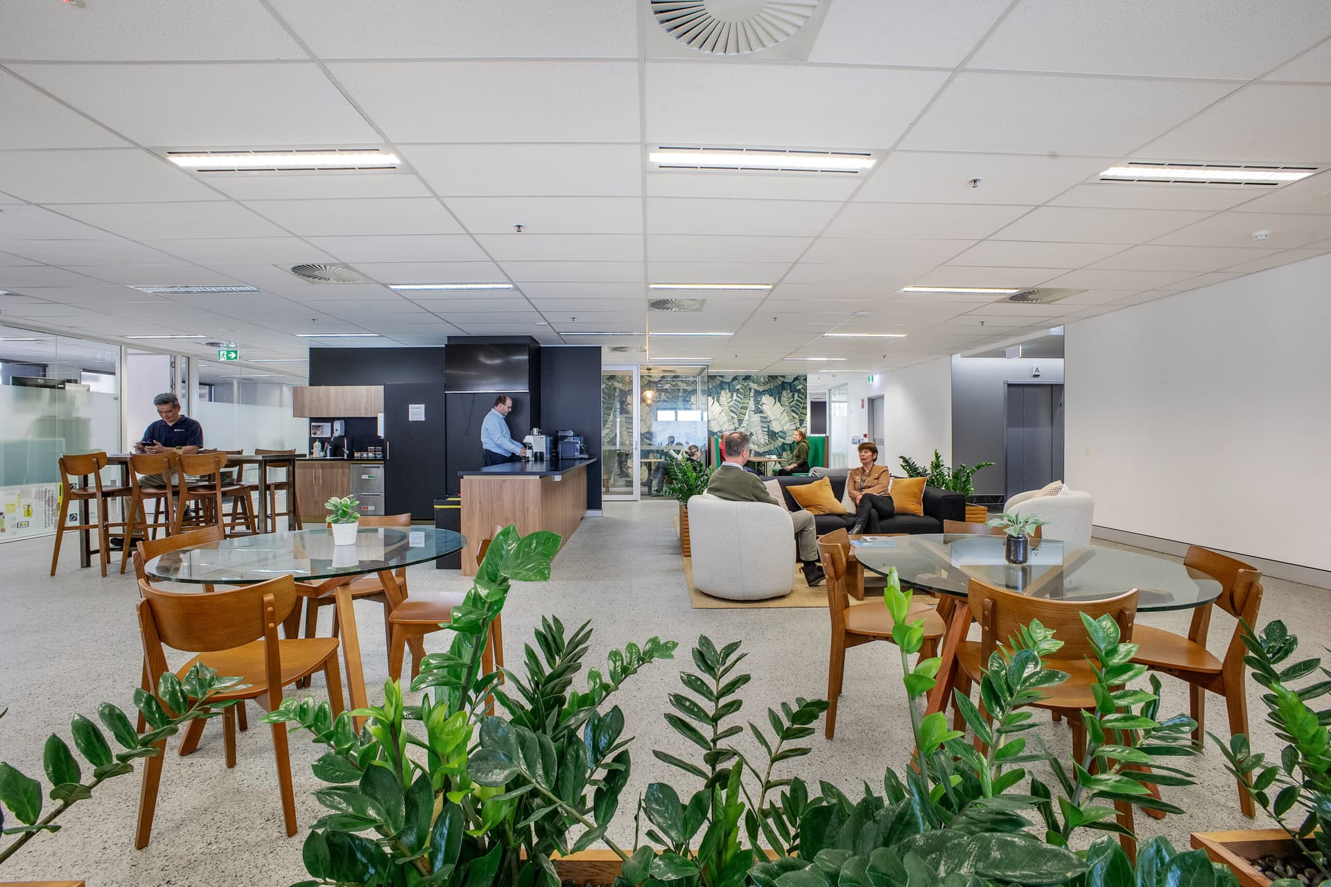 Modern office break room with several tables and chairs, green plants in the foreground, people sitting and talking, and a person at a counter in the background. Bright lighting and clean, open design.